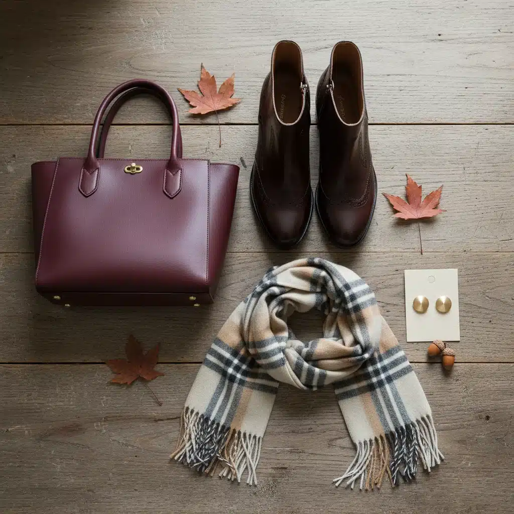 Elegant fall workwear accessories including leather boots and cashmere scarf