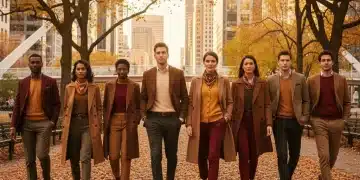 Professionals in stylish fall workwear amidst autumn city park scenery