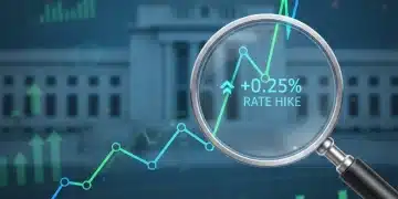 Graph illustrating a subtle increase in interest rates with a magnifying glass, symbolizing the upcoming Fed rate hike.