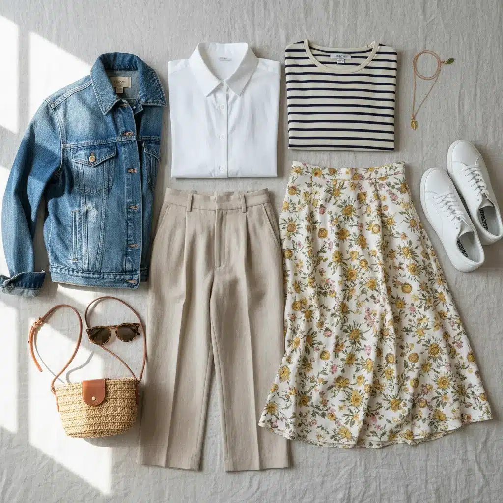 Flat lay of five essential spring capsule wardrobe items including a white shirt, denim jacket, and floral skirt.
