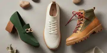 Collection of 2026 footwear trends: sustainable sneaker, block heel loafer, outdoor boot