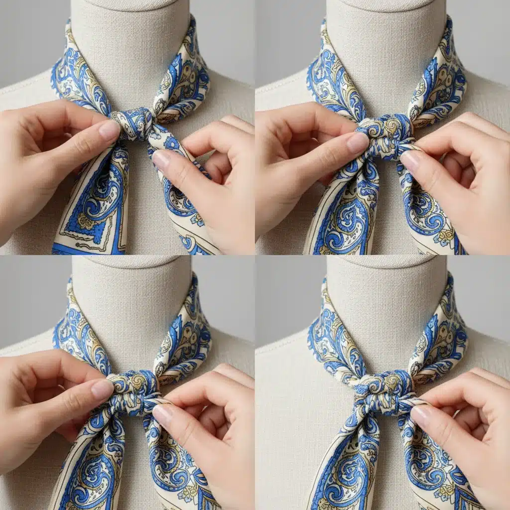 Hands demonstrating French knot scarf tie technique