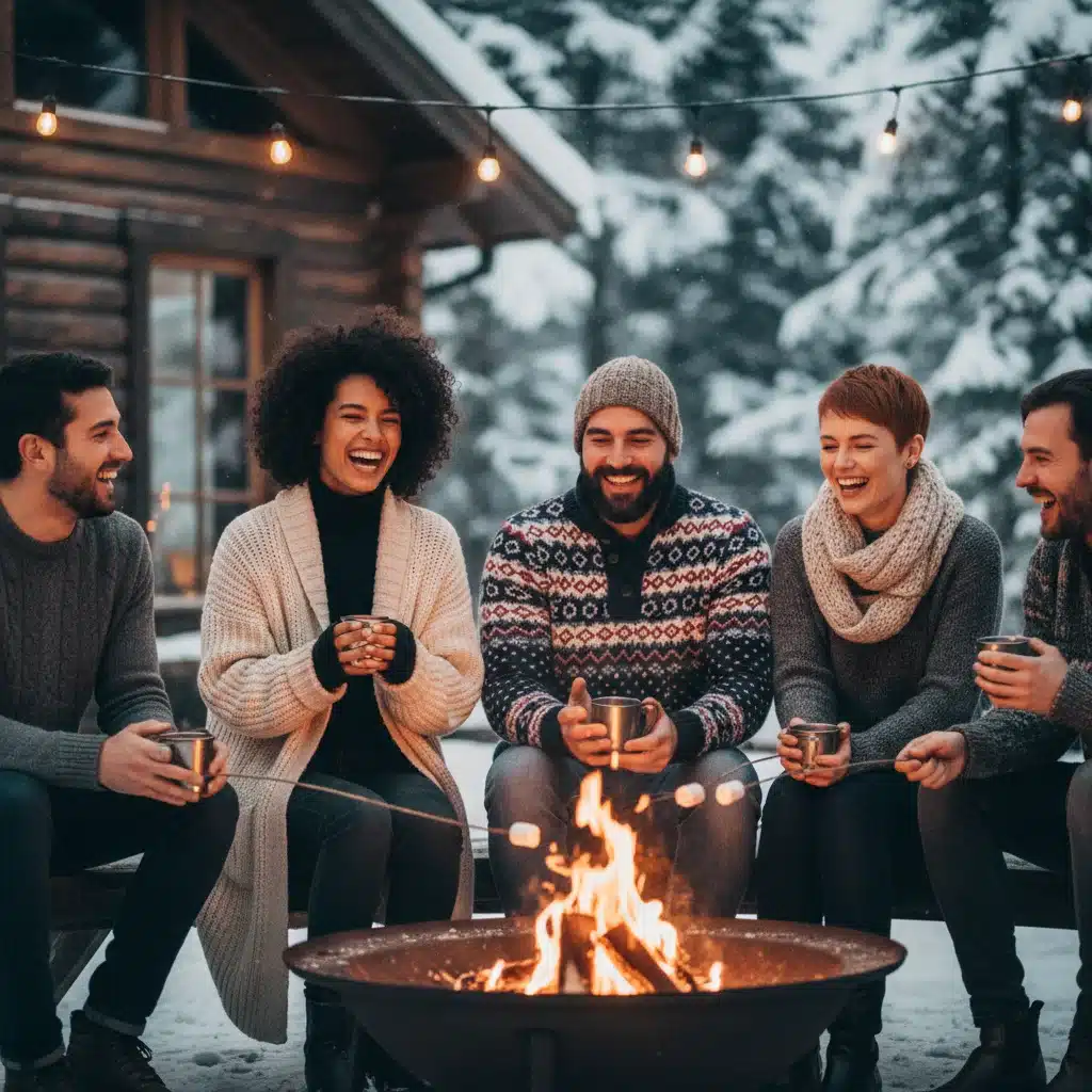 Friends in diverse knitwear styles around a fire pit in winter