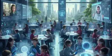Futuristic classroom with holographic displays and augmented reality, symbolizing advanced online and hybrid learning in 2026.