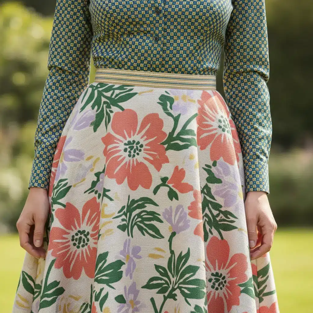 Close-up of a stylish outfit mixing geometric and floral prints with complementary colors and a belt.