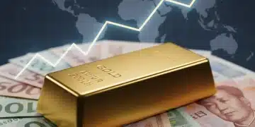 Gold bar on currency with upward economic chart
