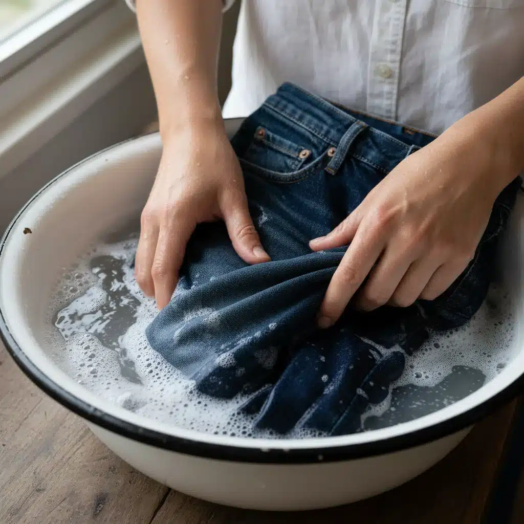 Person hand-washing jeans in cool water