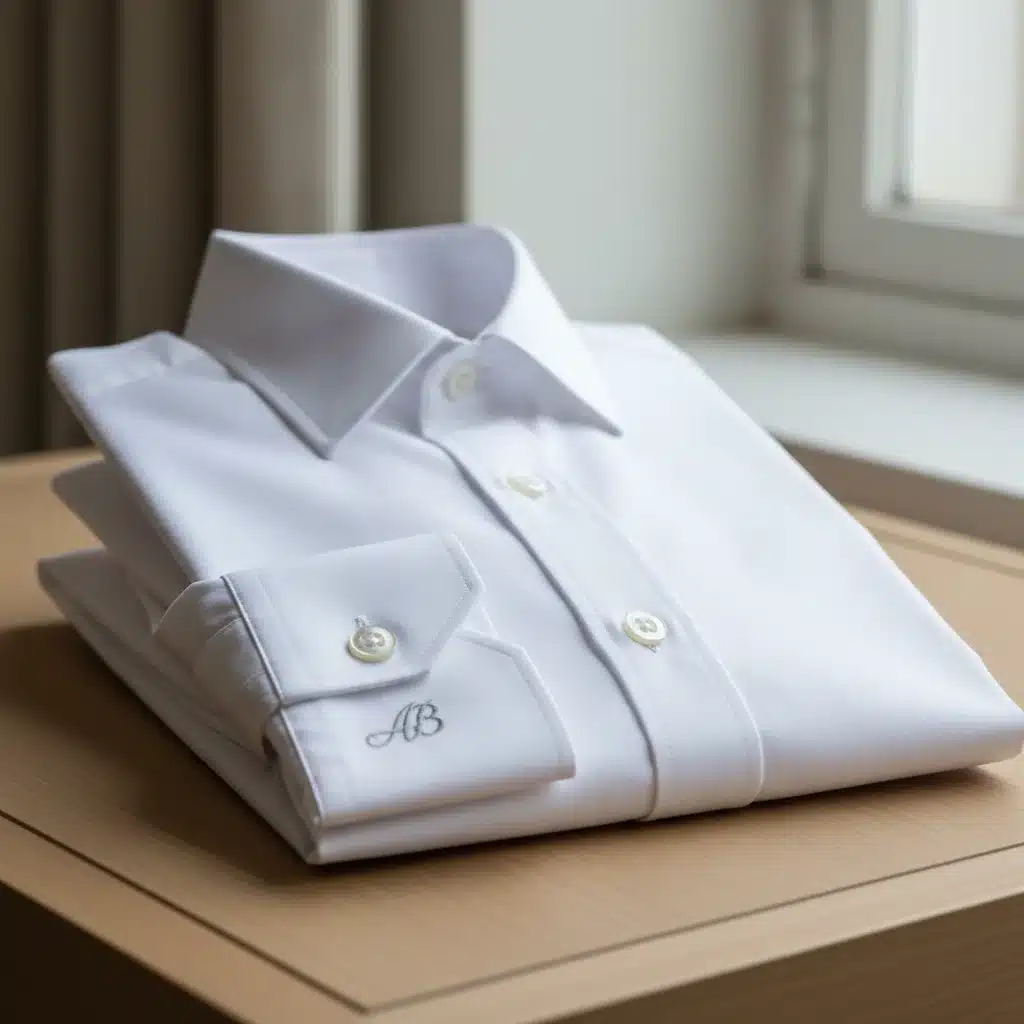 Detailed close-up of a high-quality white button-down shirt, emphasizing craftsmanship.