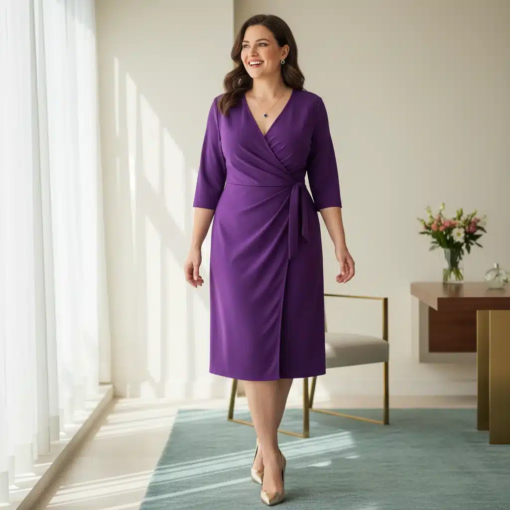 Elegant curvy woman in a vibrant wrap dress, highlighting her hourglass figure.