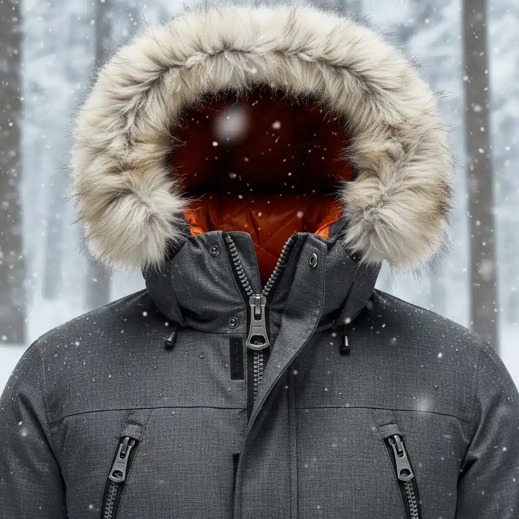 Detailed view of an insulated winter parka's robust features