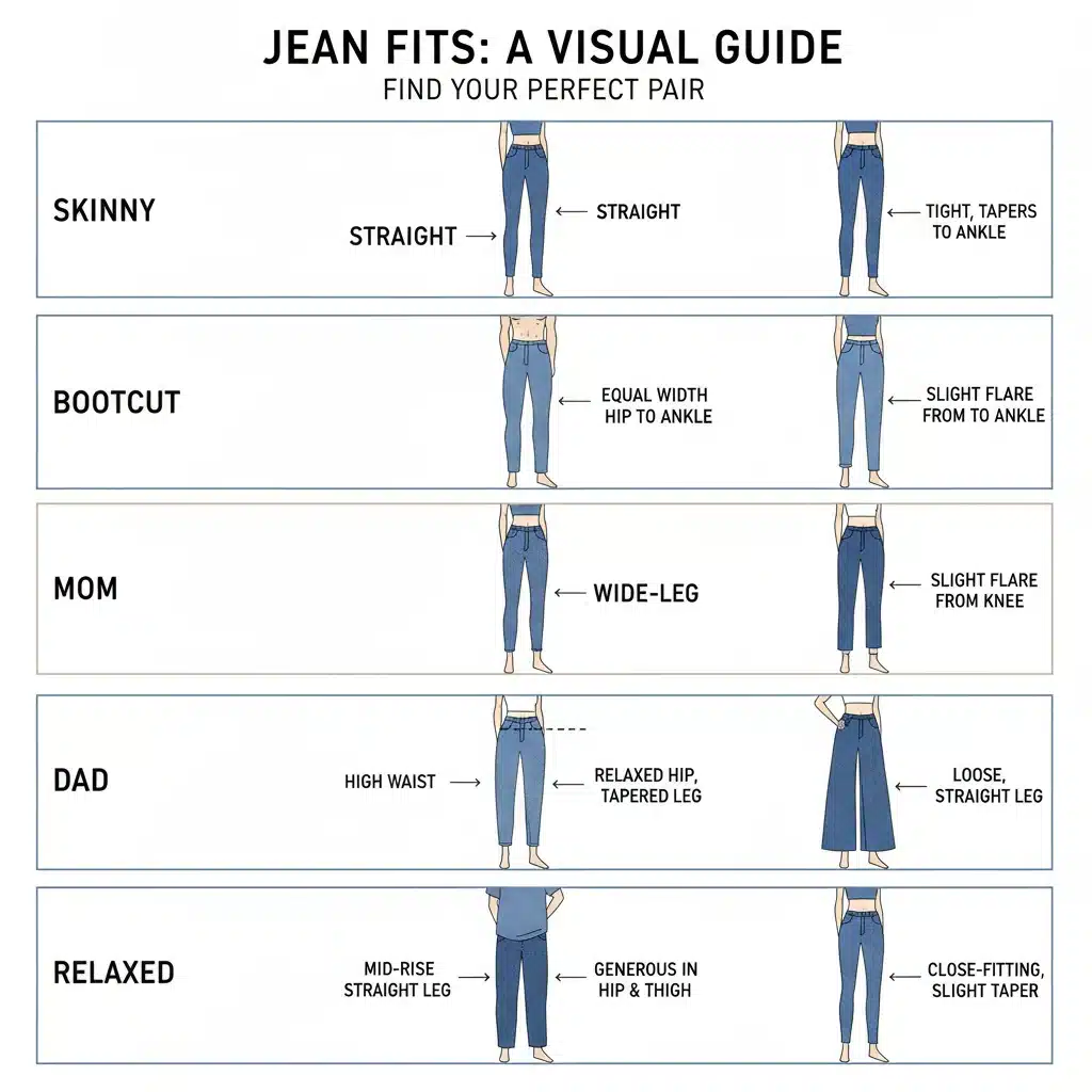 Infographic illustrating various popular jean fits and their characteristics