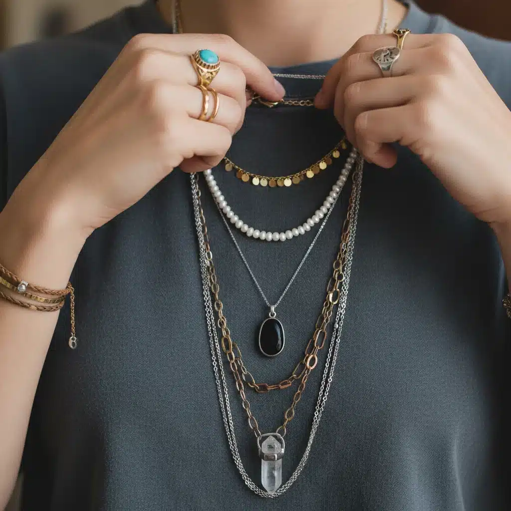 Hands layering delicate necklaces and rings, illustrating jewelry stacking techniques.