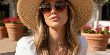 Woman in wide-brimmed straw hat and layered gold necklaces