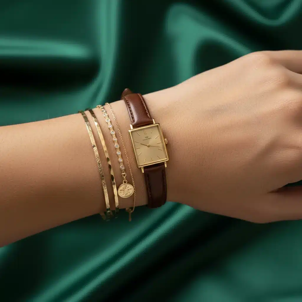 Hands with layered gold bracelets and classic watch