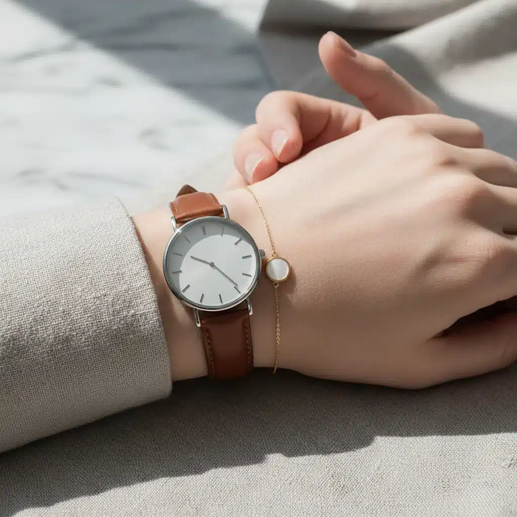 Leather watch and gold bracelet layered