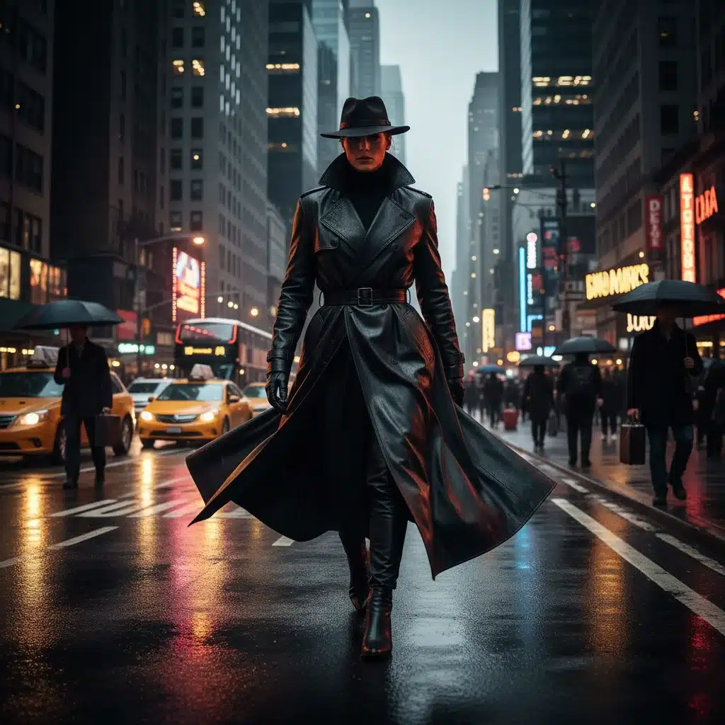 Person in a sleek black leather trench coat walking through a city at dusk.