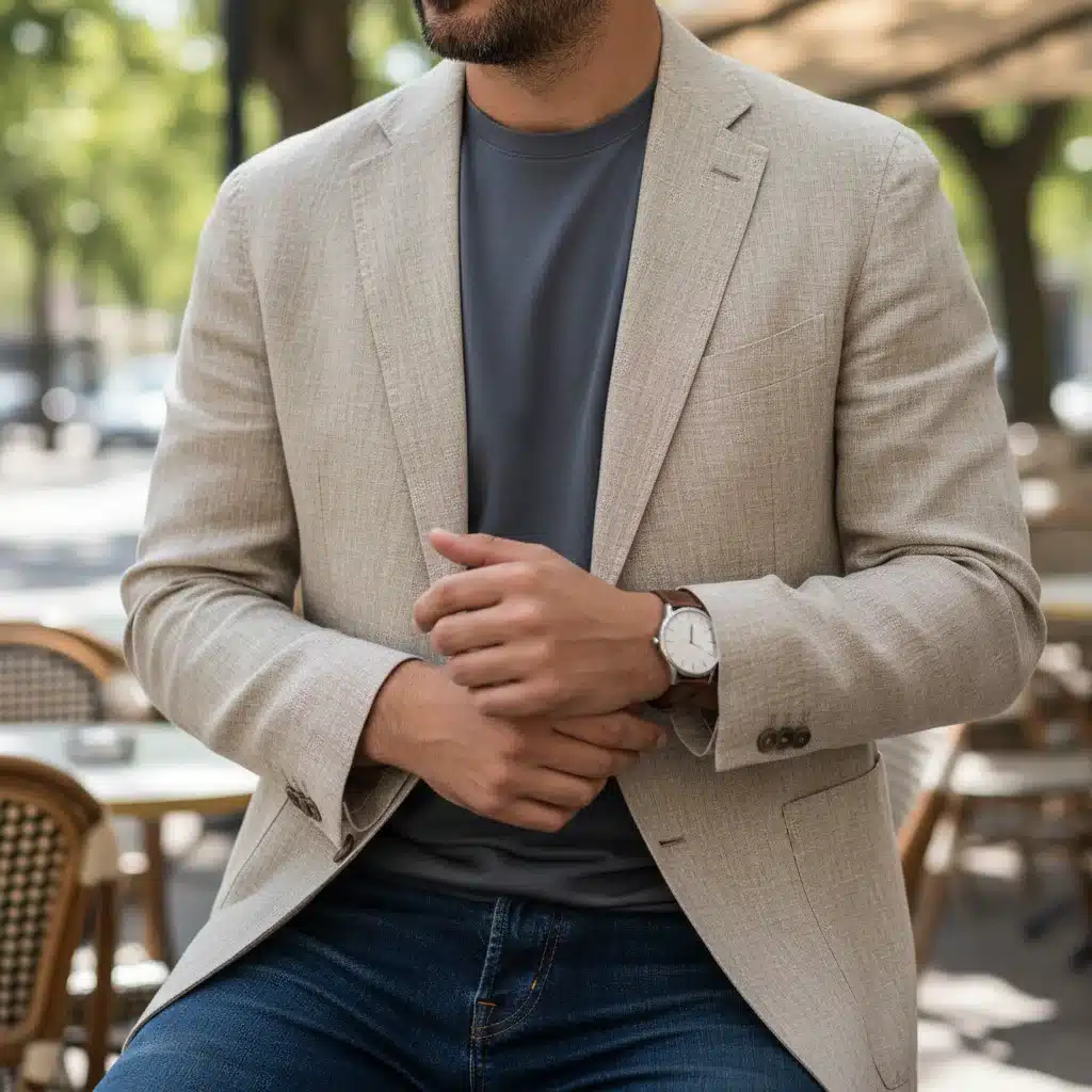 Close-up of a linen blazer and dark wash jeans, representing smart casual versatility