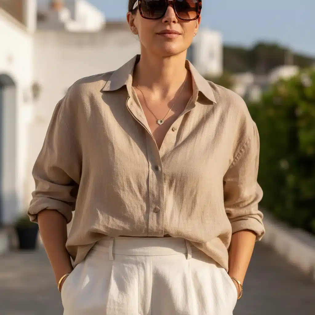 Close-up of a person wearing a breathable linen shirt and relaxed shorts for summer.