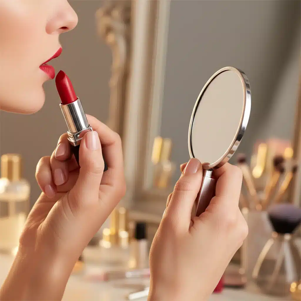 Applying red lipstick for an evening makeup touch-up