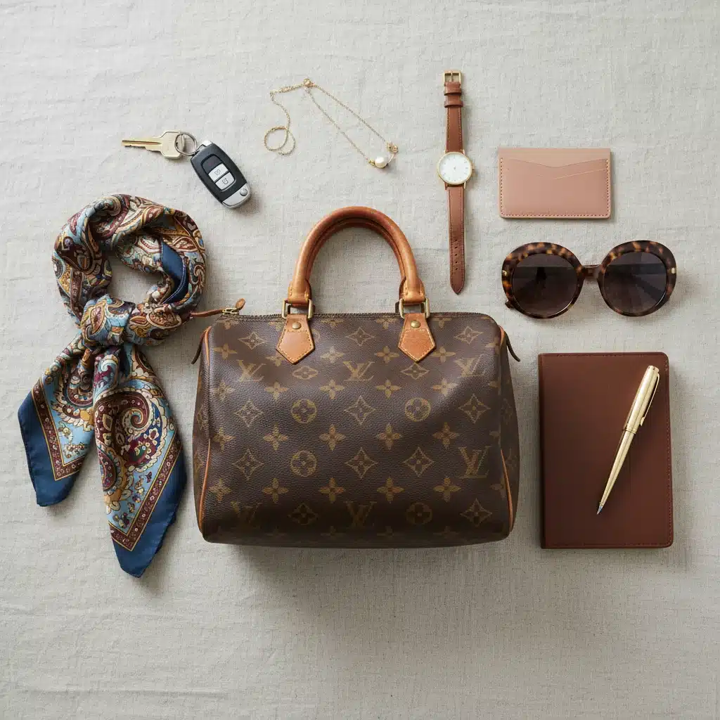 Vintage Louis Vuitton Speedy bag in a stylish flat lay with luxury accessories.