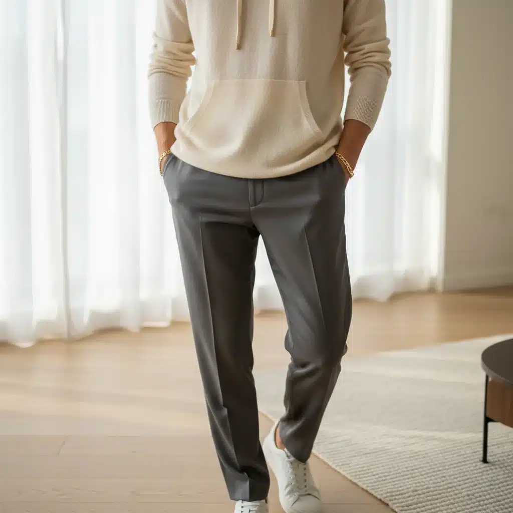 Close-up of luxe cashmere athleisure outfit with gold jewelry and white sneakers