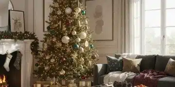 Luxurious living room with festive Christmas tree and gifts, bathed in warm holiday light.