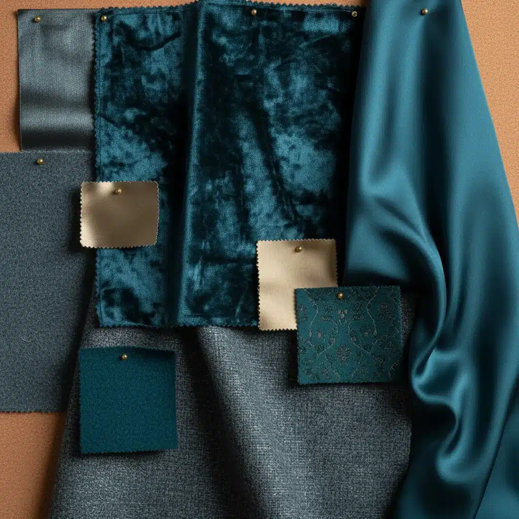 Midnight Teal fabric swatches and mood board for fashion design
