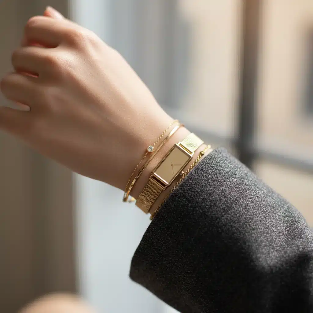 Close-up of minimalist gold watch and delicate bracelets, enhancing an outfit