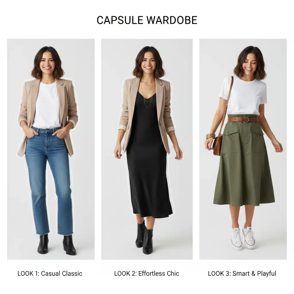 Person mixing and matching capsule wardrobe pieces to create multiple outfits.
