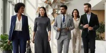 Diverse professionals in modern workwear, tailored blazers, dresses, suits, and accessories in a contemporary office setting.