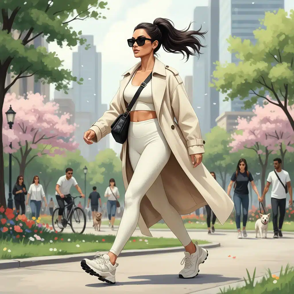 Woman in monochromatic athleisure with trench coat walking in city park