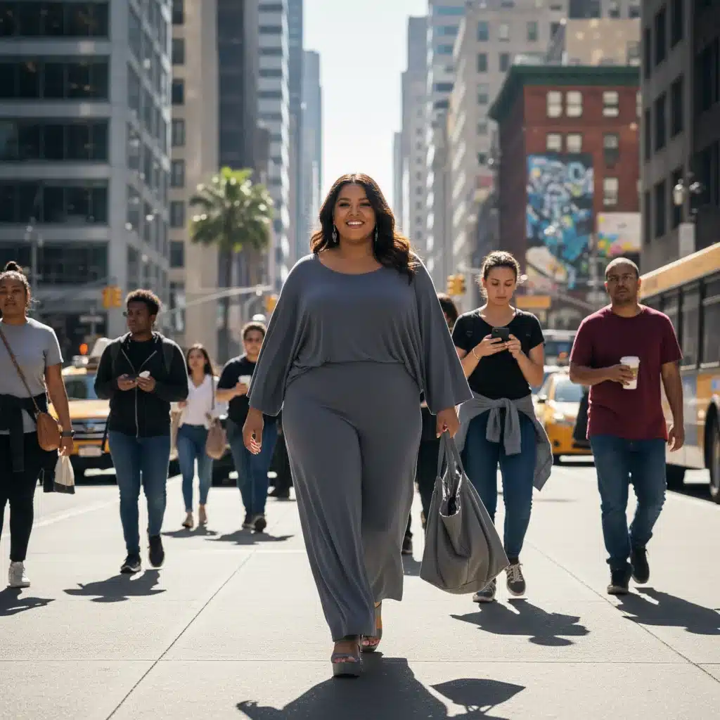 Confident plus-size model in chic monochromatic wide-leg trousers and flowy top.
