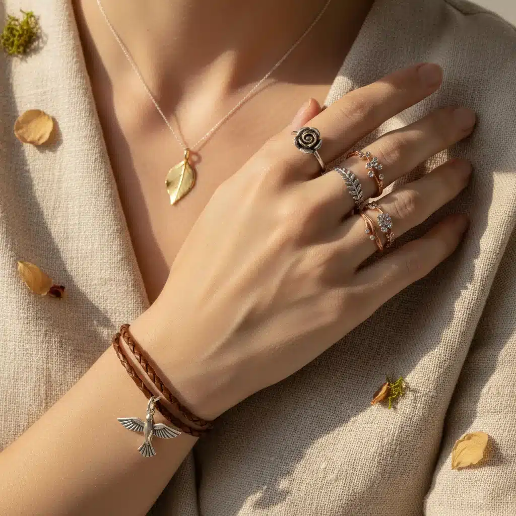 Hand adorned with delicate nature-inspired jewelry: leaf pendant, floral rings, bird charm