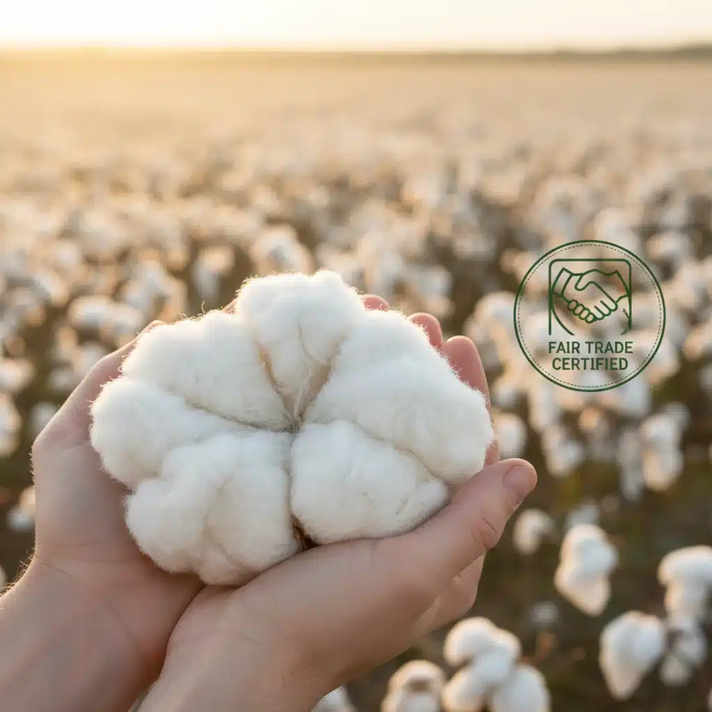 Hands touching soft organic cotton fabric with fair trade label