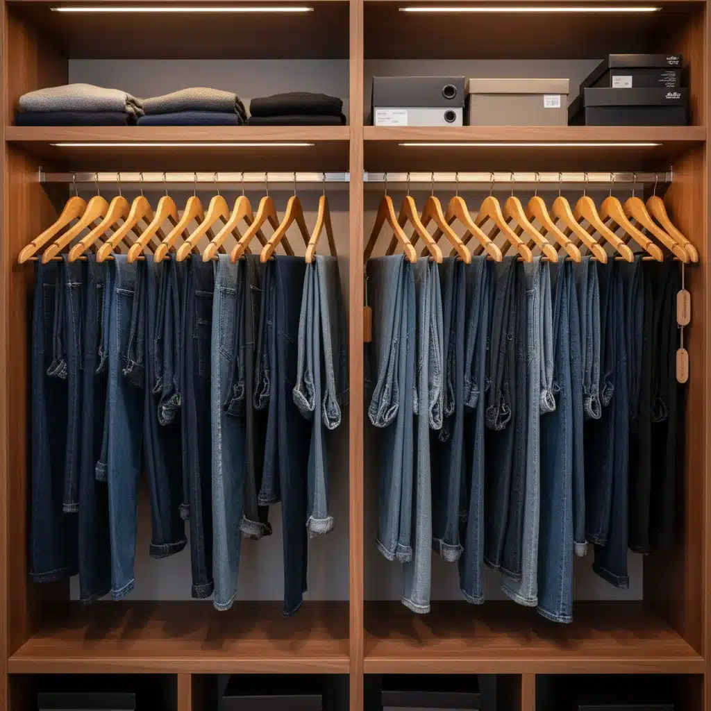 Neatly organized closet with various denim items on hangers