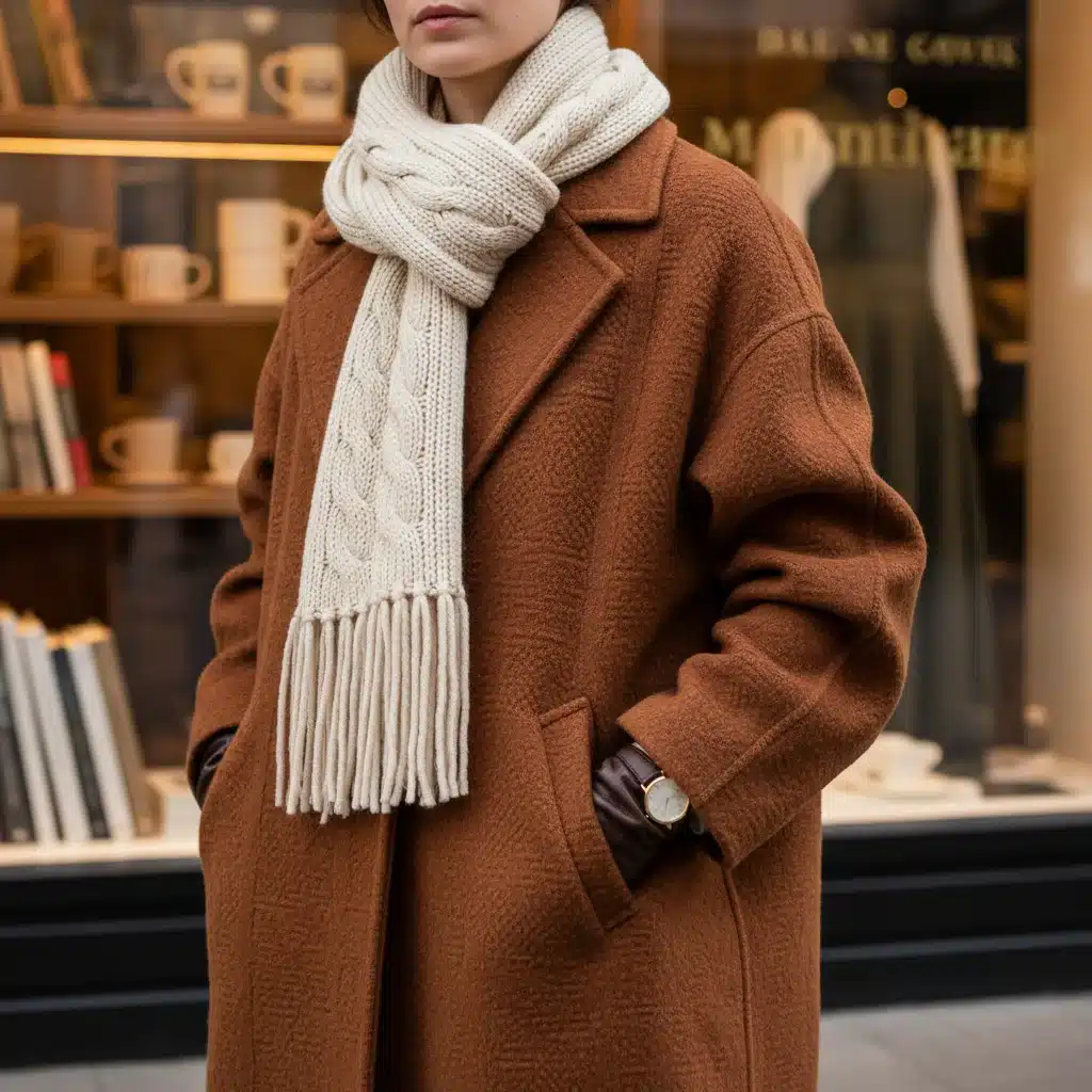 Stylish person wearing a cozy oversized wool coat with a chunky scarf.