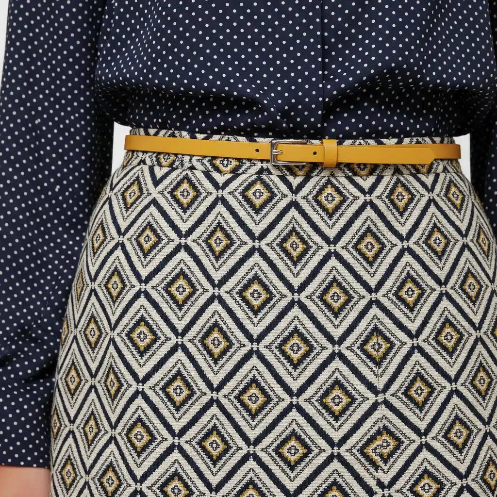 Close-up of polka dot top with geometric skirt sharing common colors