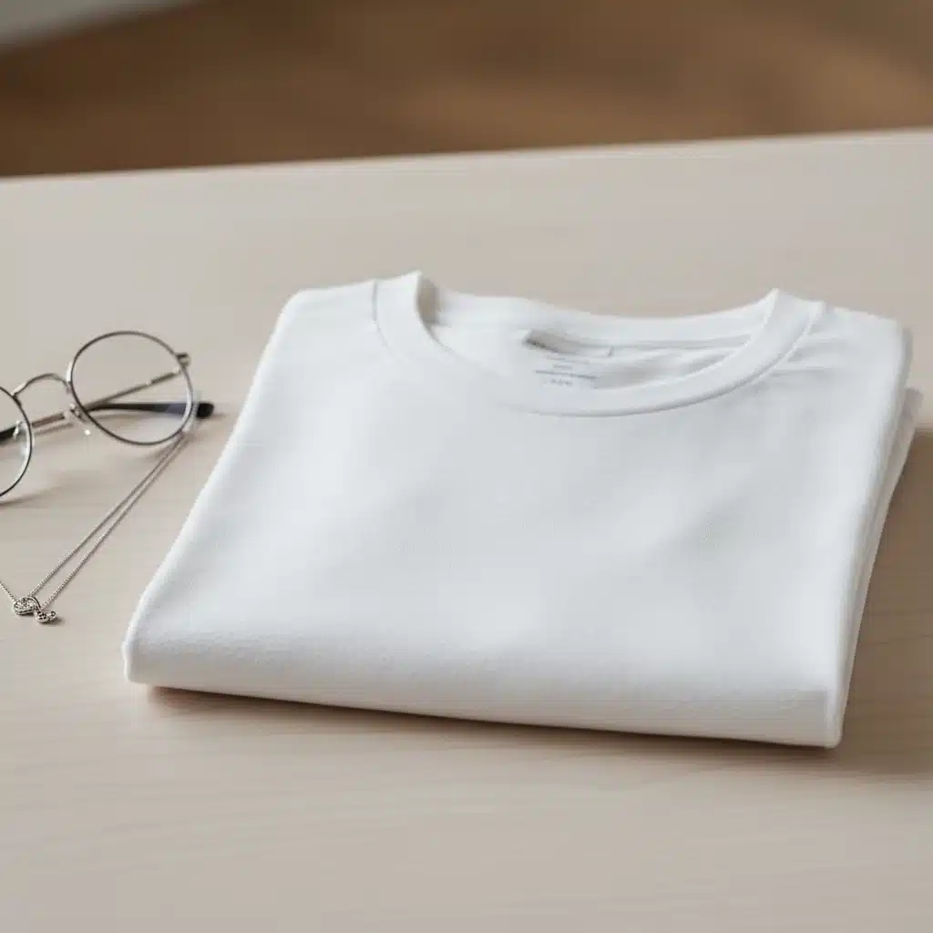 Close-up of a premium white crew neck t-shirt folded, emphasizing fabric quality and minimalist style.