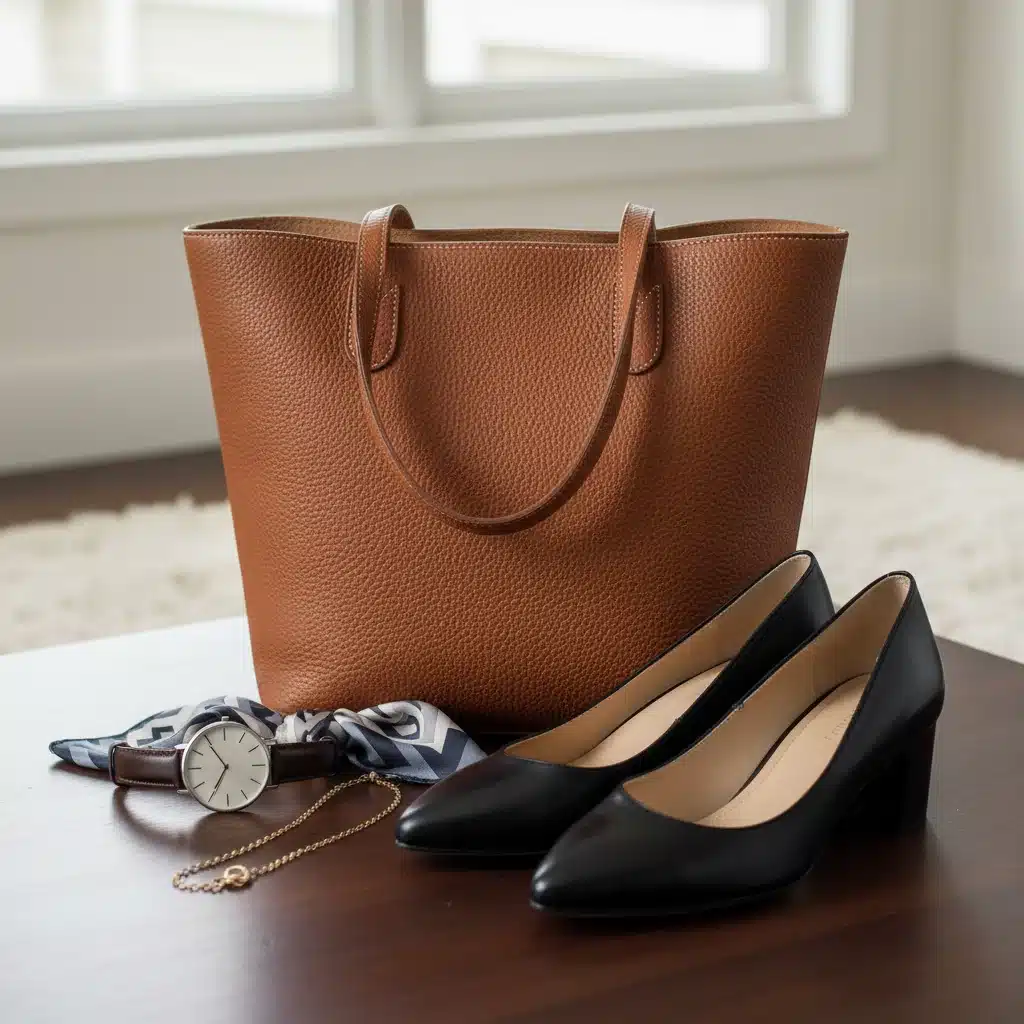 Elegant accessories for professional women: leather tote, watch, low-heeled pumps