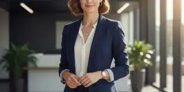 Professional woman in navy pantsuit in modern office lobby