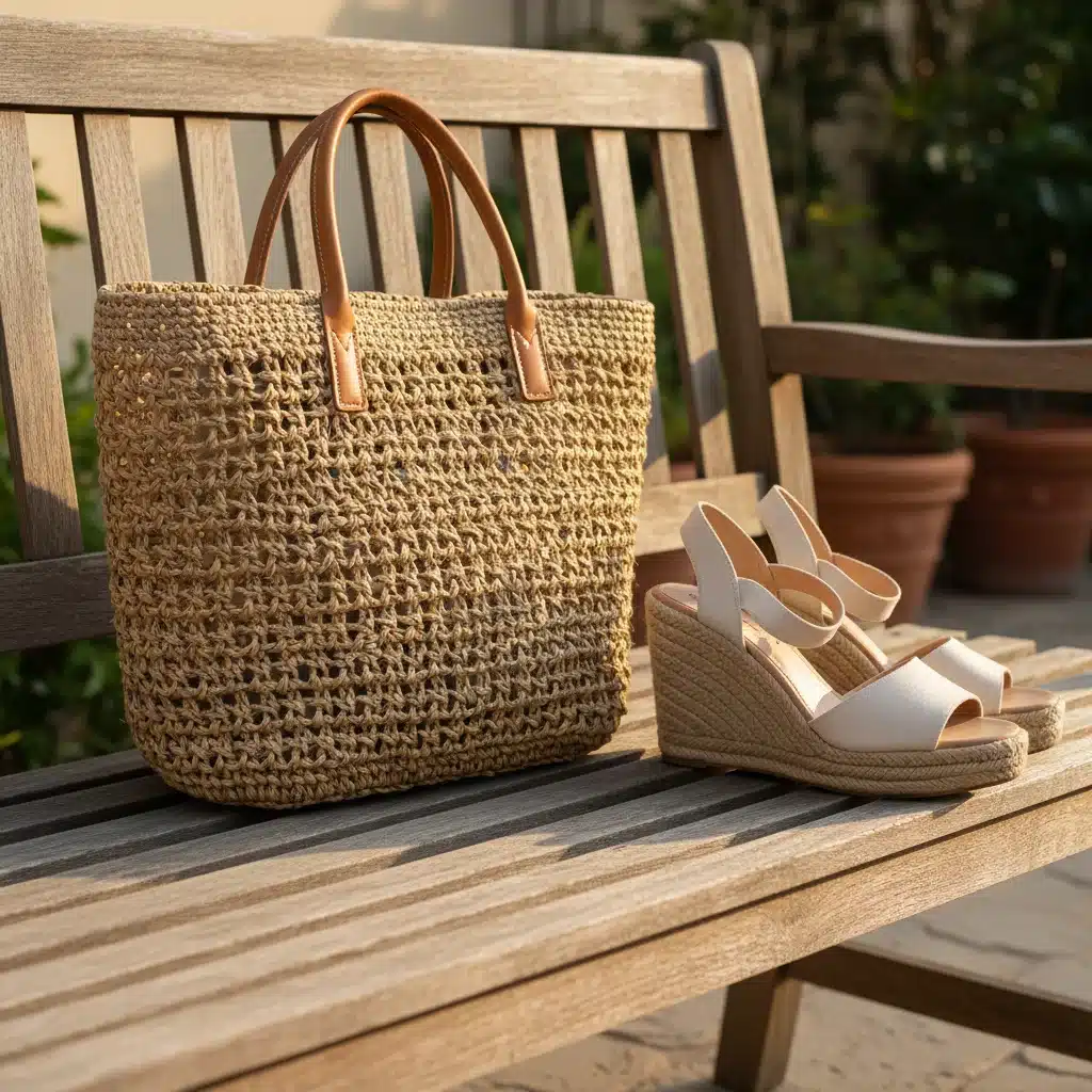 Woven raffia tote bag and espadrille wedges