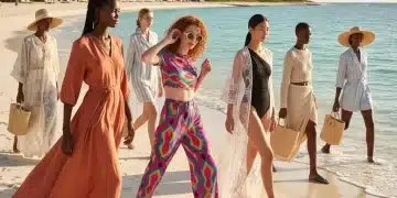 Models displaying Resort 2026 fashion trends on a beach, featuring sustainable linen, vibrant retro patterns, and minimalist swimwear.