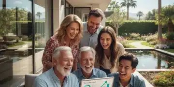 People happily planning retirement finances on a tablet with growth charts