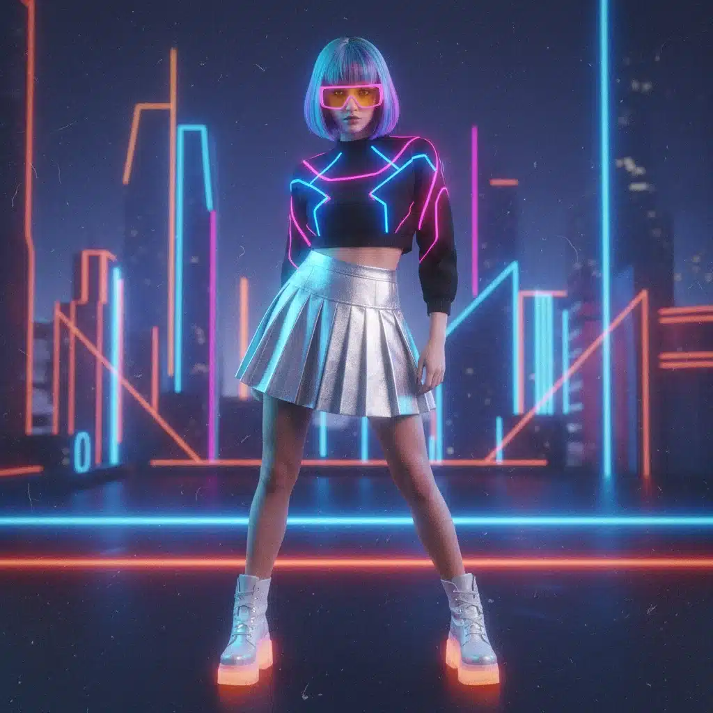 Retro-futuristic fashion model in metallic and neon outfit