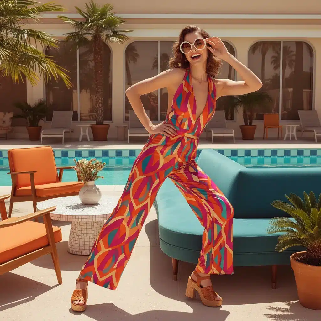 Model in a vibrant 1970s-inspired resort outfit, featuring a geometric print jumpsuit and oversized sunglasses, in a retro poolside setting.