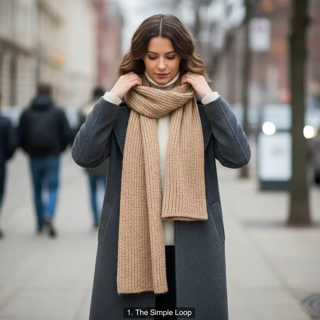 Demonstration of stylish scarf tying techniques for winter outfits