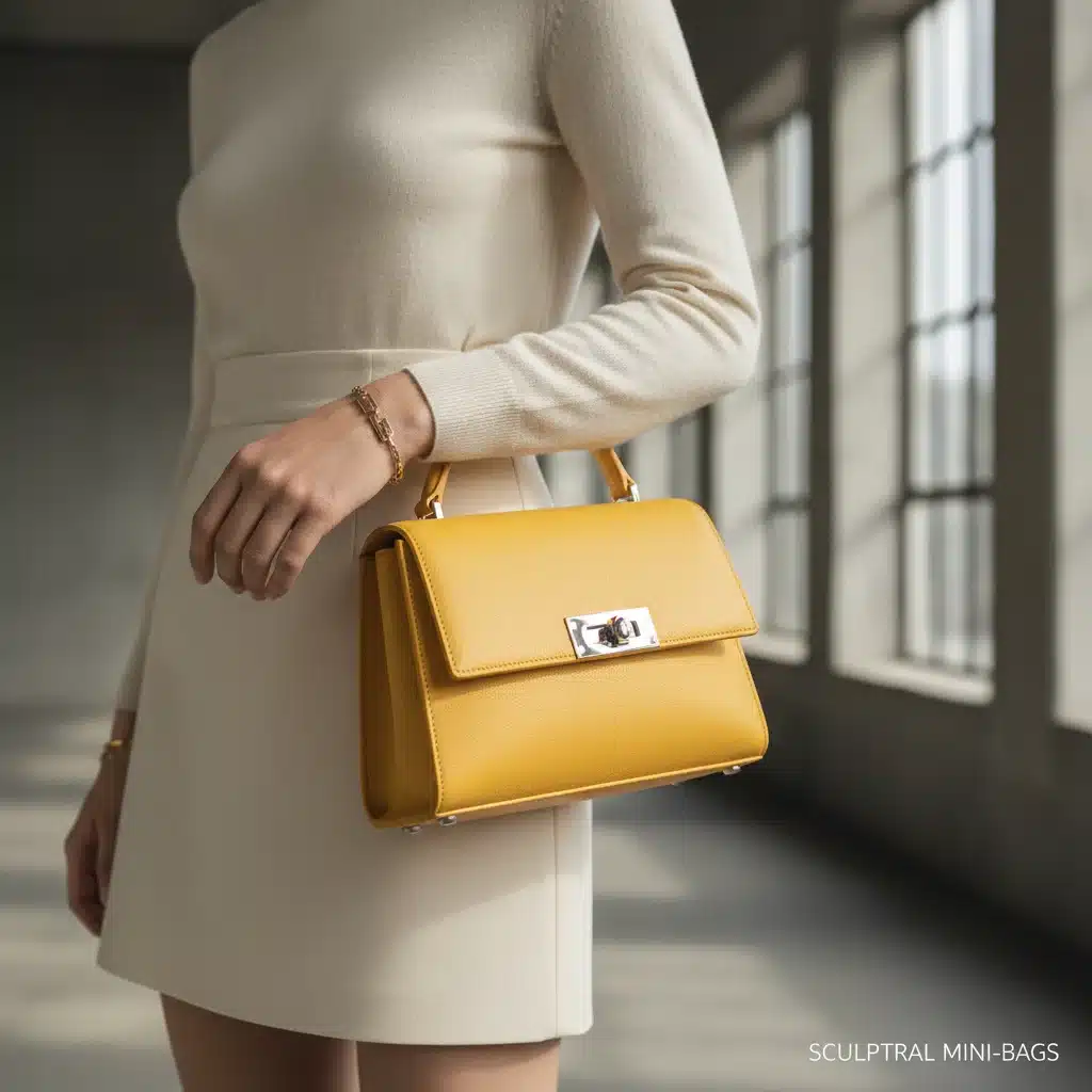 Model carrying vibrant citrus yellow structured mini-bag, showcasing minimalist elegance