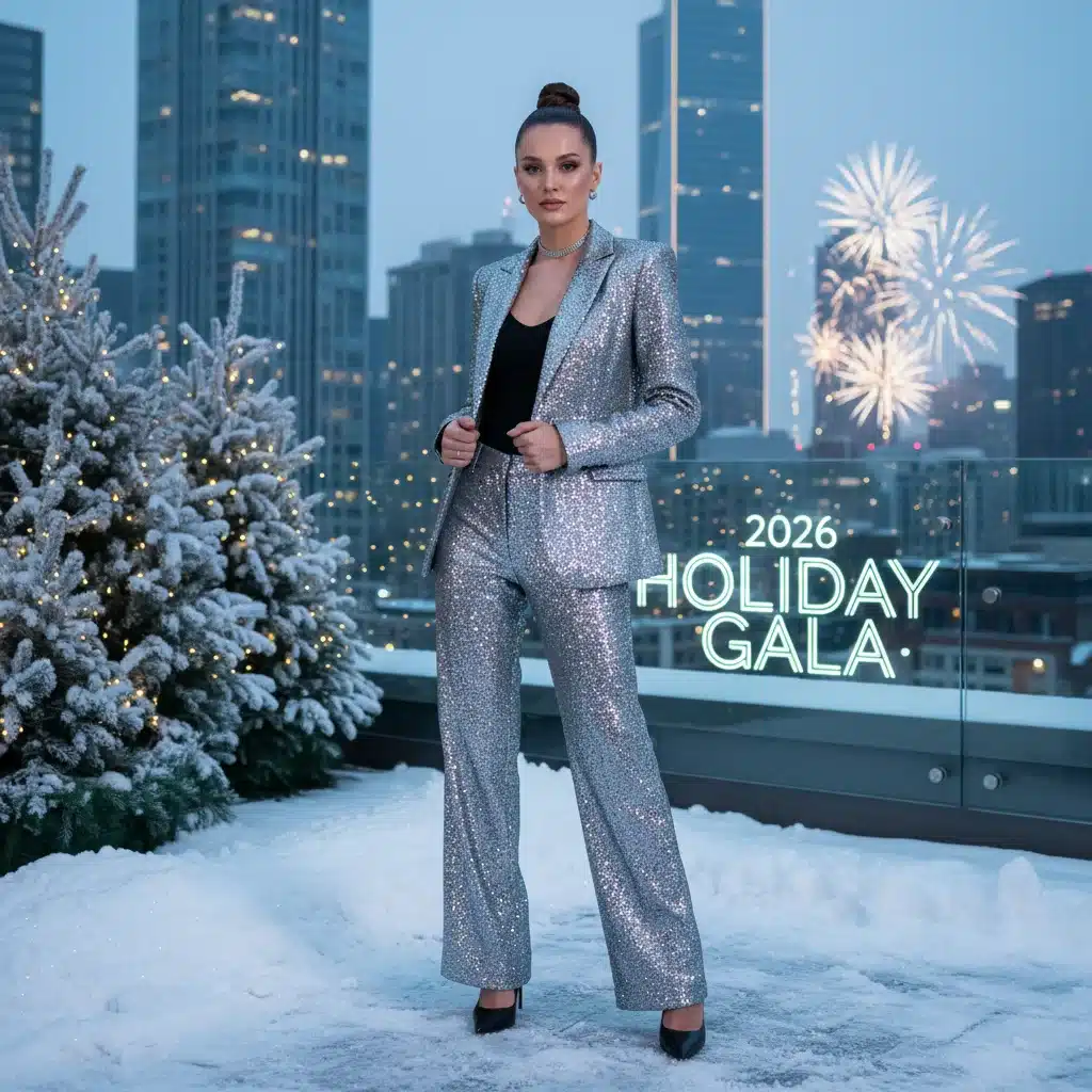 Person in sparkling silver sequin pantsuit for festive events.