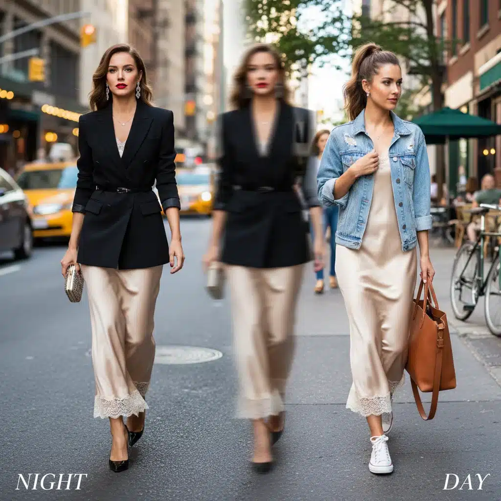 Model demonstrating the day-to-night transformation of a slip dress with different accessories.