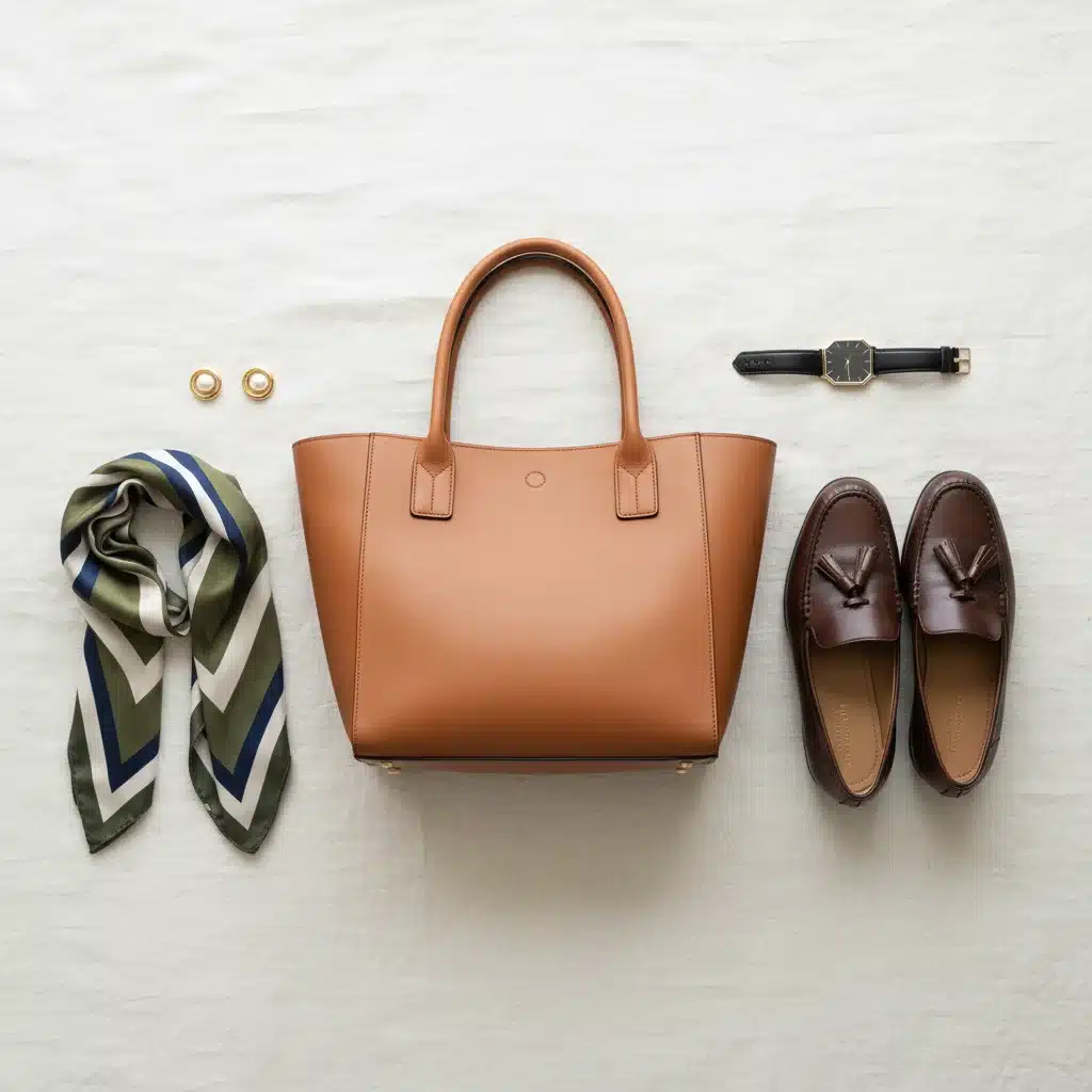 Flat lay of essential smart casual accessories including a leather bag, loafers, and a watch